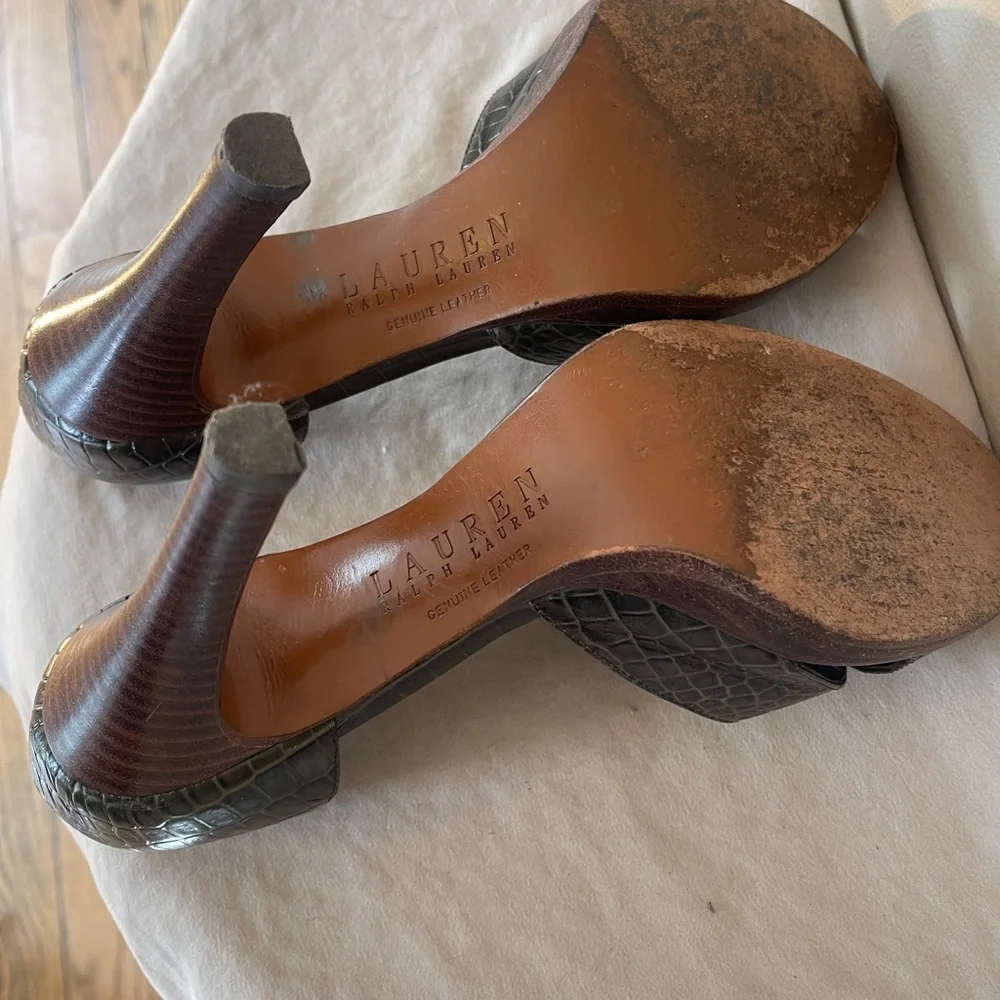 Ralph Lauren Leather Crocodile Pattern Heels Callia Peep Toe Pumps Shoes 7 B - Picture 7 of 9